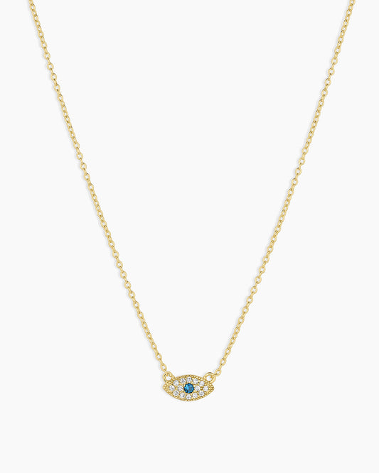 White CZ / London Blue Nanogem Evil Eye Charm Necklace necklace for protection || option:: 18K Gold Plated