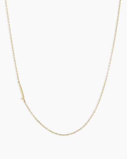 Woman wearing Alphabet Necklace || option::14K Solid Gold, I