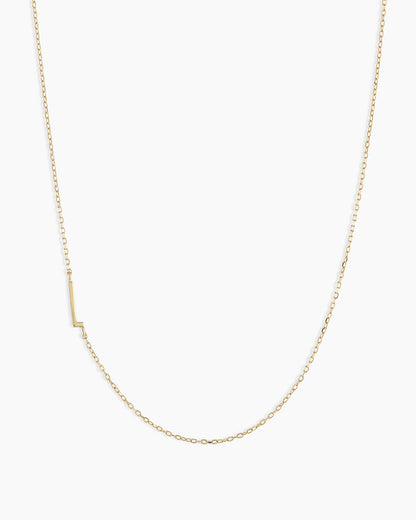 Woman wearing Alphabet Necklace || option::14K Solid Gold, L