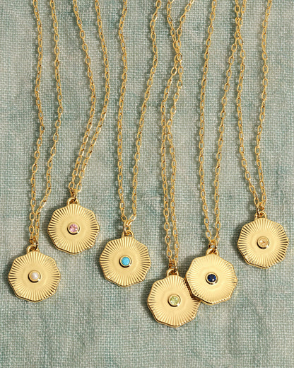 Birthstone Coin Necklace || option::18K Gold Plated, Pink Tourmaline - October