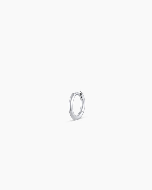 Woman wearing Classic Gold Huggie || option::14K Solid White Gold, 8mm