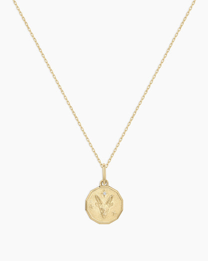Diamond Zodiac Coin Charm Necklace || option::14K Solid Gold, Capricorn