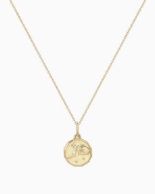 Diamond Zodiac Coin Charm Necklace || option::14K Solid Gold, Aquarius
