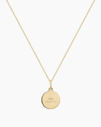 Diamond Zodiac Coin Charm Necklace || option::14K Solid Gold, Aquarius
