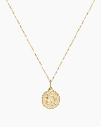 Diamond Zodiac Coin Charm Necklace || option::14K Solid Gold, Pisces