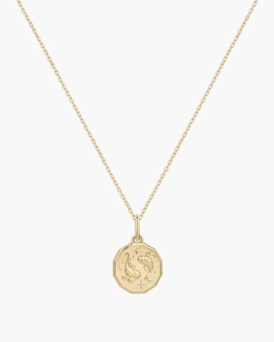 Diamond Zodiac Coin Charm Necklace || option::14K Solid Gold, Pisces