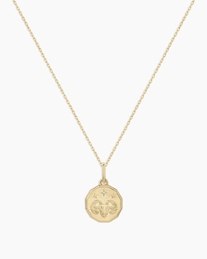 Diamond Zodiac Coin Charm Necklace || option::14K Solid Gold, Aries