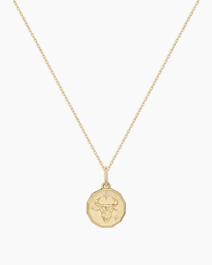 Diamond Zodiac Coin Charm Necklace || option::14K Solid Gold, Taurus