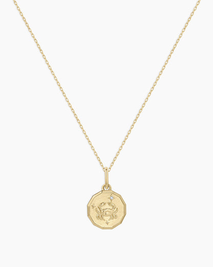 Diamond Zodiac Coin Charm Necklace || option::14K Solid Gold, Cancer