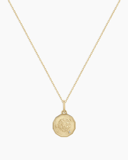 Diamond Zodiac Coin Charm Necklace || option::14K Solid Gold, Leo