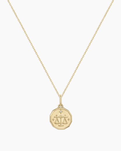 Diamond Zodiac Coin Charm Necklace || option::14K Solid Gold, Libra