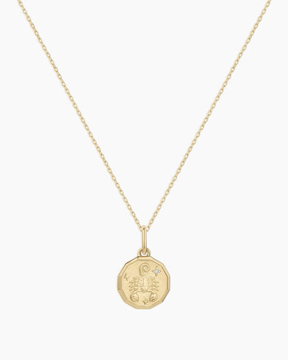 Diamond Zodiac Coin Charm Necklace || option::14K Solid Gold, Scorpio