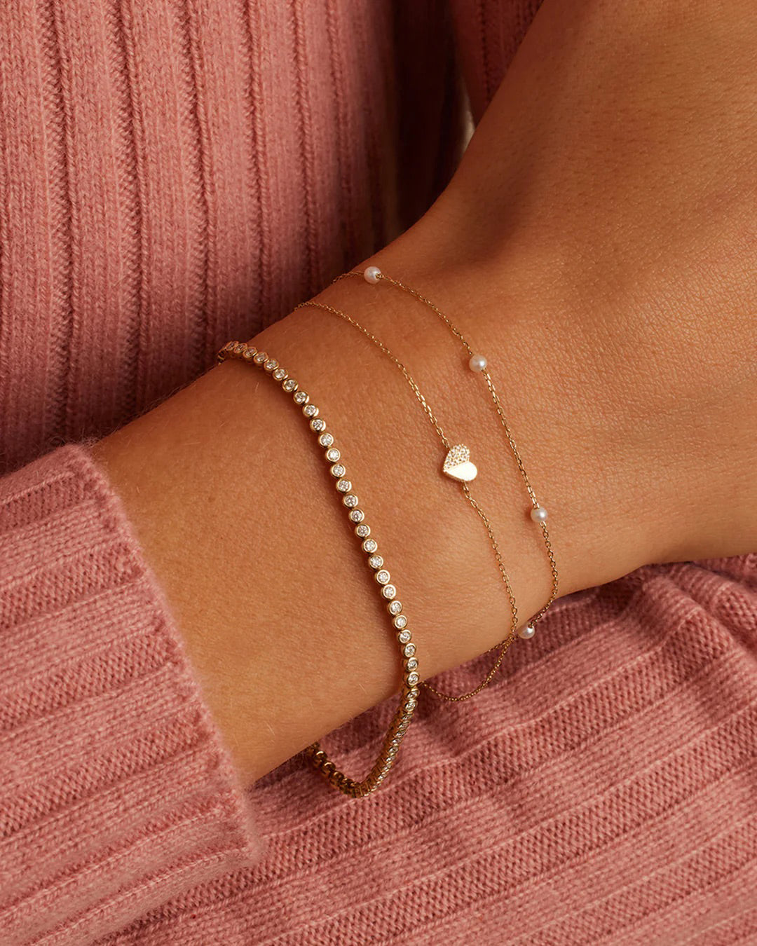 Diamond Bond Bracelet Set || option::14K Solid Gold, Single - Diamonds Left || set::diamond-bond-bracelet-stl