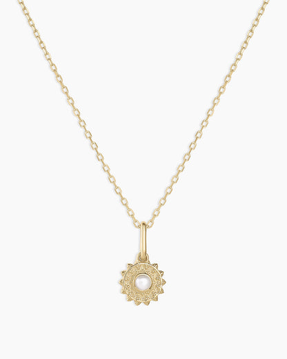 Sun Birthstone Charm Necklace || option::14K Solid Gold, Pearl - June