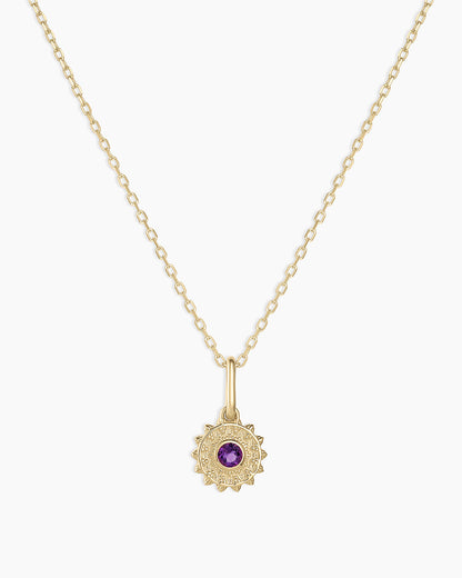 Sun Birthstone Charm Necklace || option::14K Solid Gold, Amethyst - February