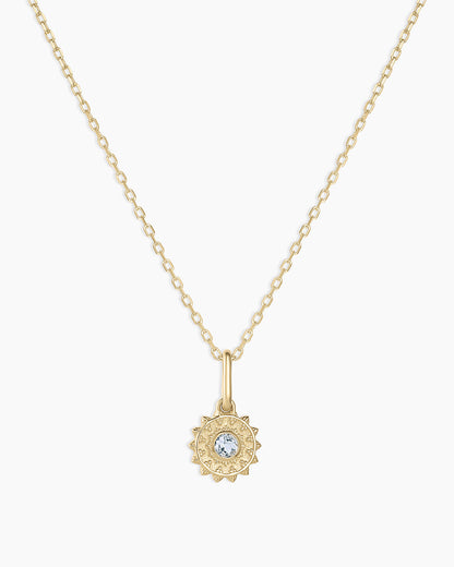 Sun Birthstone Charm Necklace || option::14K Solid Gold, Aquamarine - March
