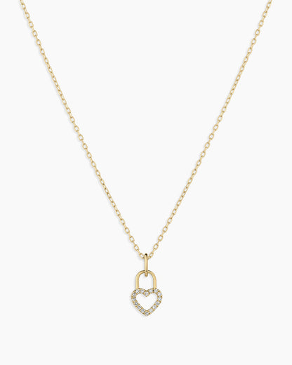 Diamond Heart Padlock Charm Necklace || option::14K Solid Gold
