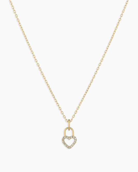 Diamond Heart Padlock Charm Necklace || option::14K Solid Gold