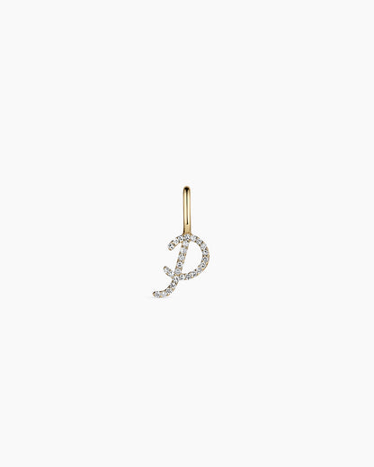 Diamond Script Alphabet Charm || option::14K Solid Gold, P