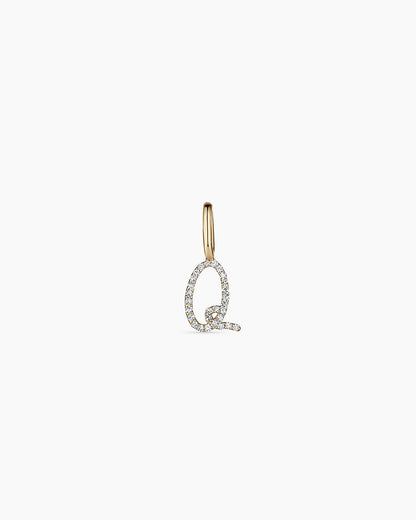 Diamond Script Alphabet Charm || option::14K Solid Gold, Q