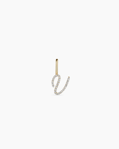 Diamond Script Alphabet Charm || option::14K Solid Gold, V