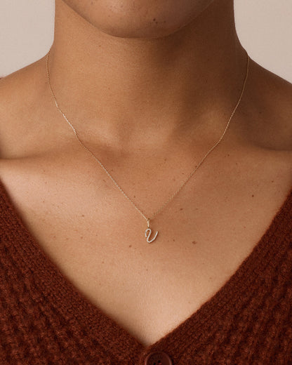 Diamond Script Alphabet Charm || option::14K Solid Gold, V