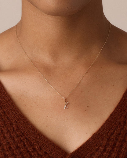 Diamond Script Alphabet Charm || option::14K Solid Gold, X