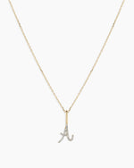 Diamond Script Alphabet Charm Necklace || option::14K Solid Gold, A