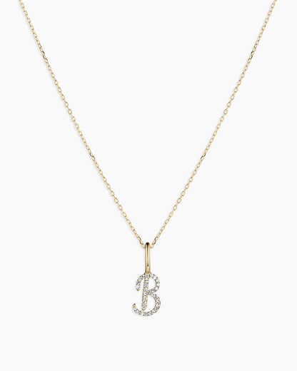Diamond Script Alphabet Charm Necklace || option::14K Solid Gold, B