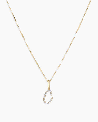 Diamond Script Alphabet Charm Necklace || option::14K Solid Gold, C