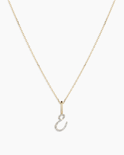 Diamond Script Alphabet Charm Necklace || option::14K Solid Gold, E