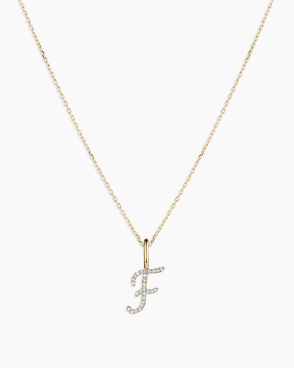 Diamond Script Alphabet Charm Necklace || option::14K Solid Gold, F