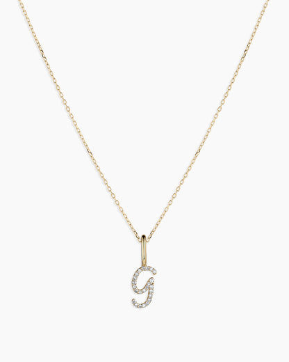 Diamond Script Alphabet Charm Necklace || option::14K Solid Gold, G