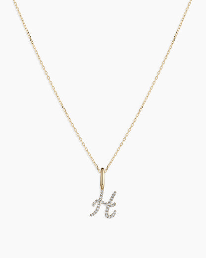 Diamond Script Alphabet Charm Necklace || option::14K Solid Gold, H