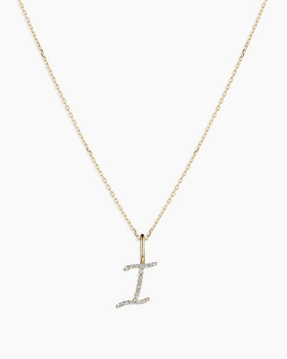 Diamond Script Alphabet Charm Necklace || option::14K Solid Gold, I