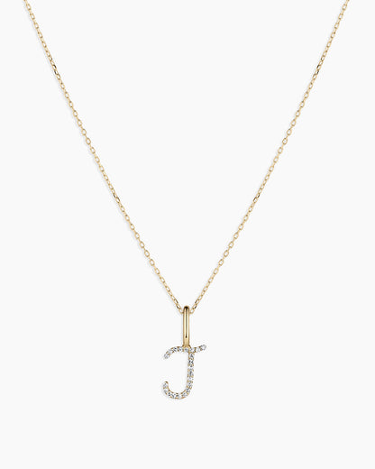 Diamond Script Alphabet Charm Necklace || option::14K Solid Gold, J