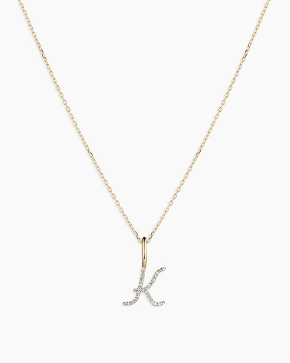 Diamond Script Alphabet Charm Necklace || option::14K Solid Gold, K