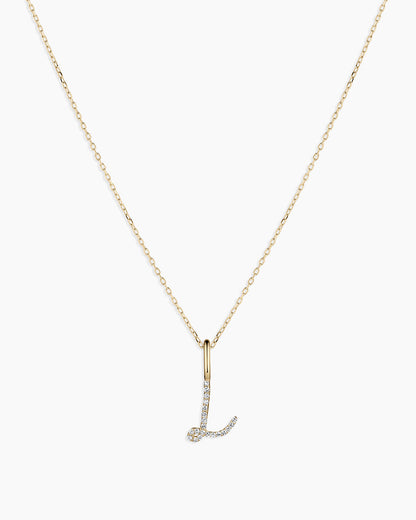 Diamond Script Alphabet Charm Necklace || option::14K Solid Gold, L