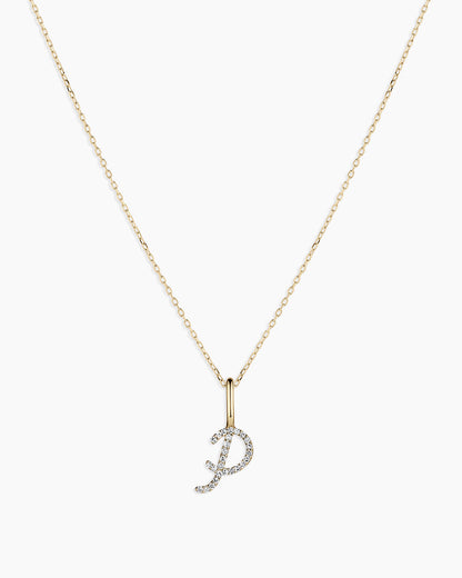 Diamond Script Alphabet Charm Necklace || option::14K Solid Gold, P