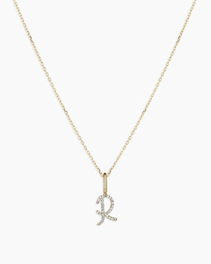 Diamond Script Alphabet Charm Necklace || option::14K Solid Gold, R