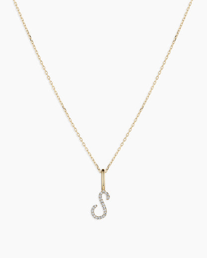Diamond Script Alphabet Charm Necklace || option::14K Solid Gold, S