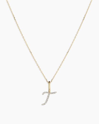 Diamond Script Alphabet Charm Necklace || option::14K Solid Gold, T