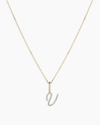 Diamond Script Alphabet Charm Necklace || option::14K Solid Gold, V