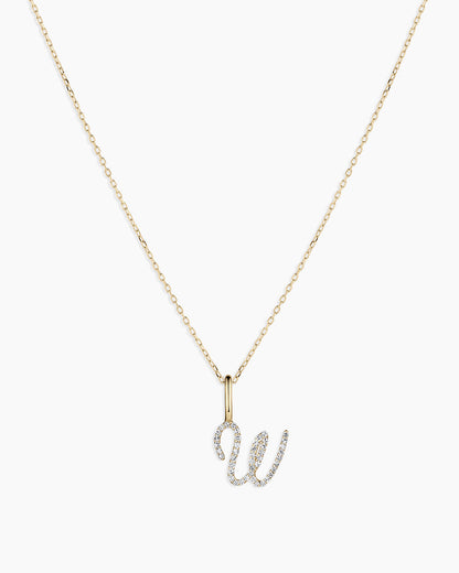 Diamond Script Alphabet Charm Necklace || option::14K Solid Gold, W