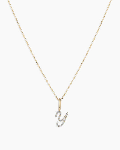 Diamond Script Alphabet Charm Necklace || option::14K Solid Gold, Y