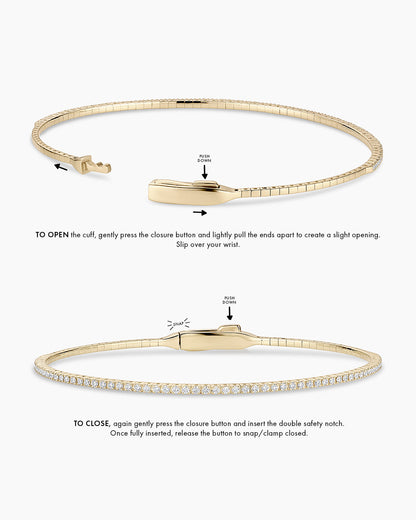 Instructions to wear the cuff: TO OPEN the cuff, gently press the closure button and create a small opening. Opening will be front to back, to slip over your wrist. TO CLOSE, again gently press the closure button and insert the double safety notch. Once fully inserted, release the button to snap/clamp closed.