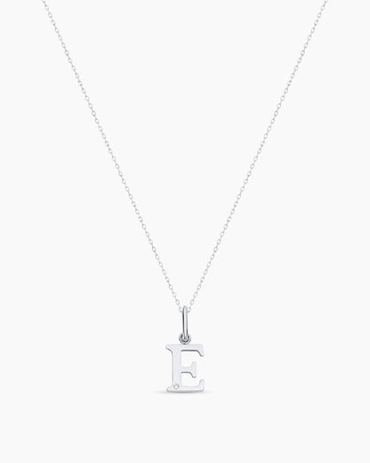 Diamond Vintage Alphabet Charm Necklace || option::14K Solid White Gold, E