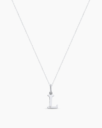 Diamond Vintage Alphabet Charm Necklace || option::14K Solid White Gold, L
