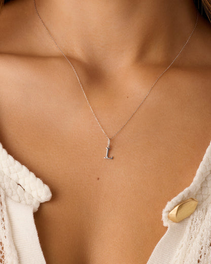 Diamond Vintage Alphabet Charm Necklace || option::14K Solid White Gold, L