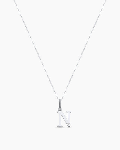 Diamond Vintage Alphabet Charm Necklace || option::14K Solid White Gold, N